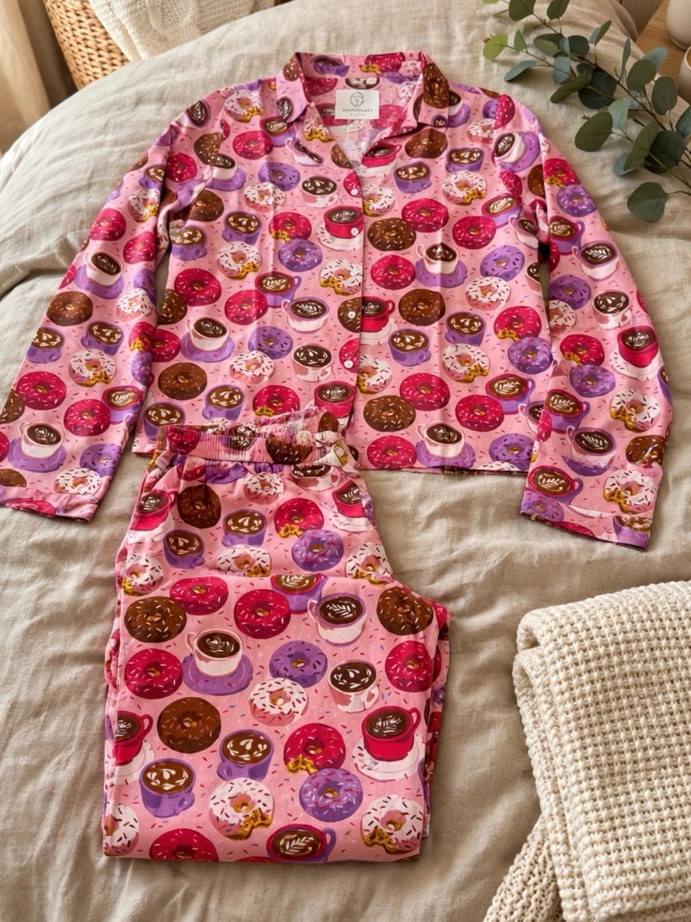 Women's Pink Donut-Print Pajama Set by 100% Organic Cotton